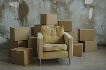A brown armchair stands against a pile of cardboard boxes and damaged concrete wall. Moving concept