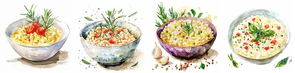 Assortment of watercolor illustrations of gourmet risotto dishes, garnished with herbs and spices, ideal for culinary-themed design and cuisine-related content - obrazy, fototapety, plakaty