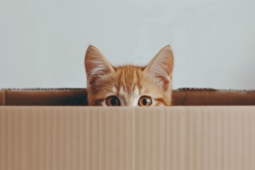 A curious ginger tabby cat looks out of the box he is sitting in