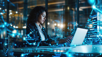 Woman is working intently on a laptop in a dark office environment, surrounded by glowing digital graphics and interface elements