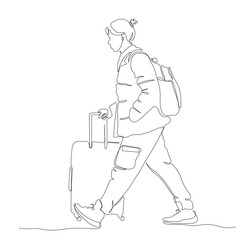 Young man with backpack and suitcase walking. Side view. Continuous line drawing. Black and white vector illustration in line art style.