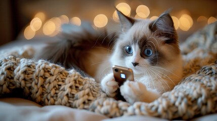 Cute Cat Playing with Cell Phones Tablets on Bed Internet Gaming Social Media Addiction 16:9