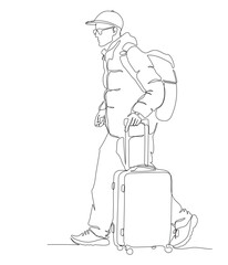 Tourist with backpack and suitcase walking. Man wear warm jacket and cap. Side view. Continuous line drawing. Black and white vector illustration in line art style.