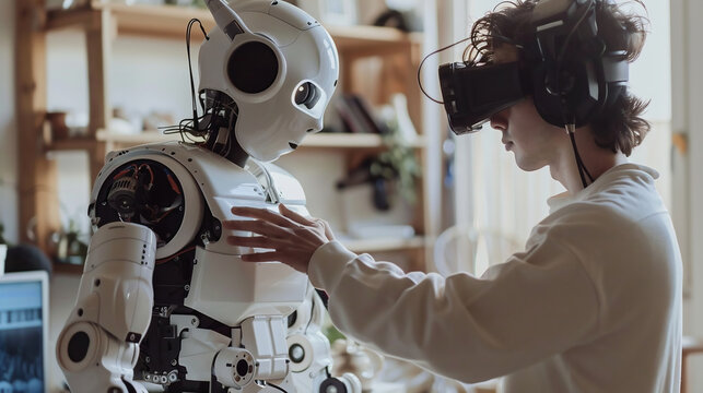 man in viar glasses and robot working together, automation and technology concept. A realistic photo of a robot and a human working together to solve a problem, demonstrating the collaboration