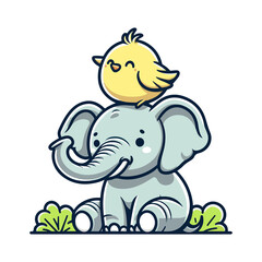 cartoon cute elephant and bird icon character