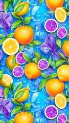 Pattern with orange and lemons, blue background, wallpaper 
