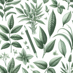 Fototapeta na wymiar green leaves pattern,leaf, pattern, seamless, nature, plants, pencil, illustration, Ai generated 