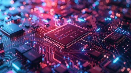 A close-up of a circuit board with electric currents flowing symbolizing the heartbeat of technology - obrazy, fototapety, plakaty