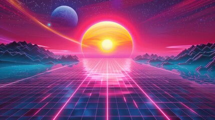 Retro synthwave style cyberpunk neon color neon landscape background AI generated image