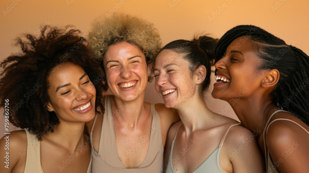 Poster diverse group of five joyful young women are tightly huddled together