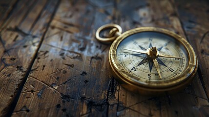 Fototapeta na wymiar Antique compass on a weathered wooden surface conveying the spirit of adventure
