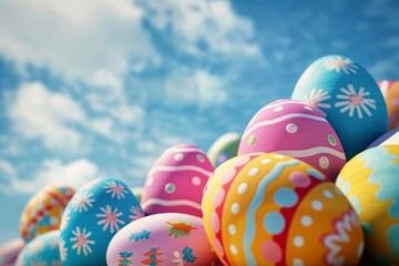 Fototapeta na wymiar Colorful Easter eggs with beautiful sky in the background. Ai generative art
