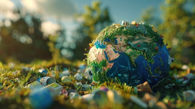 Earth globe from rubbish with blur nature background AI generated image