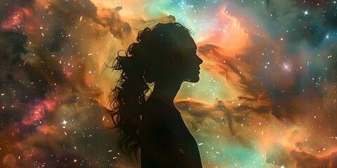 The image of a woman's silhouette against a galaxy backdrop symbolizes cosmic energy and peace. Concept Astrology, Cosmic Energy, Peaceful Mind, Woman Silhouette, Galaxy Backdrop