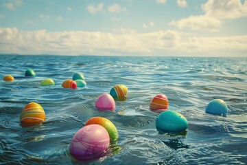 Fototapeta na wymiar Easter eggs in the sea. Ai generative art
