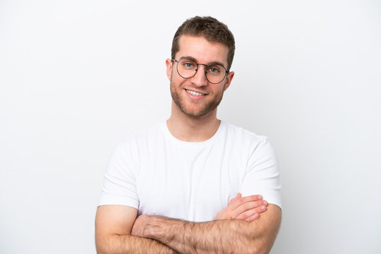 Young caucasian man isolated on white background With glasses with happy expression