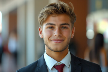 Mann Männlich, jung, gutaussehend, klare Haut, Vorderseite, Blick in die Kamera, Lächeln, weißes Hemd, rote Krawatte, dunkler Anzug