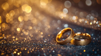 Obraz na płótnie Canvas Pair of shining wedding rings on sparkling background