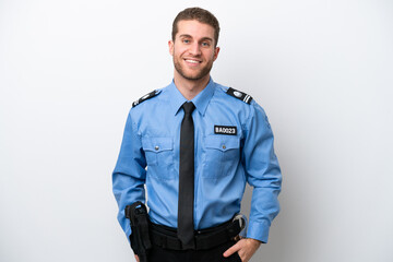 Young police caucasian man isolated on white background laughing