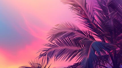 Fototapeta na wymiar Tropical and palm leaves in vibrant bold gradient holographic colors. Concept art. Minimal surrealism background. Neon colors