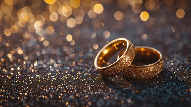  Pair of shining wedding rings on sparkling background