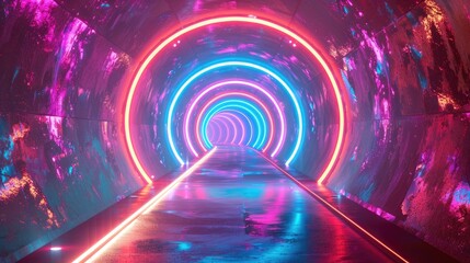 A neon-lit tunnel leading to a digital horizon symbolizing entry into the virtual world
