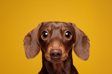 Dachshund Small Dog Yellow Background Studio Headshot Portrait