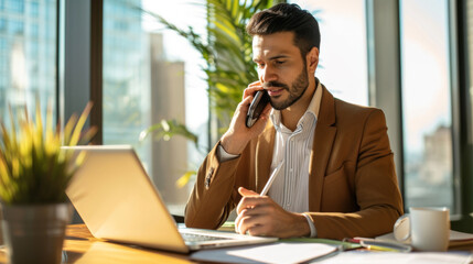 businessman engaged in a phone conversation while sitting at his desk in an office with a laptop open in front of him.