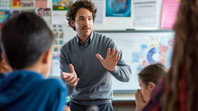 Teacher is actively engaging with his students in a classroom setting, with educational materials visible on the whiteboard behind him.