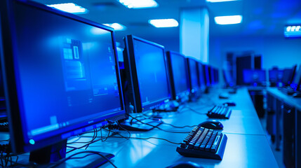 Fototapeta premium A row of computer monitors on desks with keyboards and mice in a dark room illuminated by blue screen light.