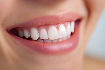 Obraz premium Close-up detail of the smiling mouth of a caucasian teenage girl with healthy, white teeth
