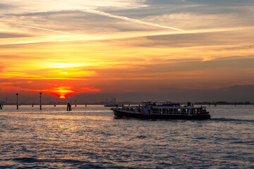 Fototapeta na wymiar Sunset over Venice from Venetian Lagoon, Veneto, Italy