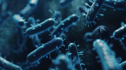 close up of microscopic blue bacteria - obrazy, fototapety, plakaty