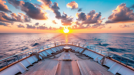 Sunset over the ocean horizon from the cruise ship with reflections along the railing - obrazy, fototapety, plakaty