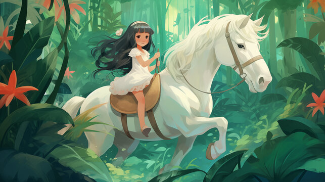 Garota montada em um cavalo branco na floresta - Ilustração Infantil