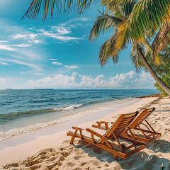 Beautiful beach. Chairs on the sandy beach near the sea. Copy space. Summer holiday and vacation concept for tourism. Inspirational tropical landscape