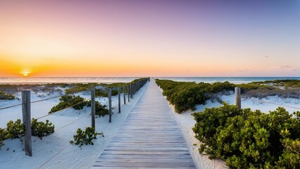 Tranquil sunset scene with a long boardwalk, leading to a serene white sand beach, framed by shrubs, and the calming ocean waters.