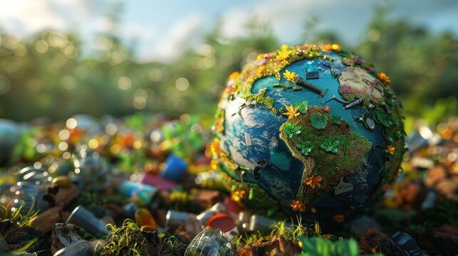 Earth globe from rubbish with blur nature background AI generated image