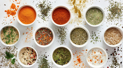 Various seasonings in cups. Background of spices on the table, top view
