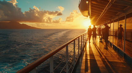 Cruise ship vacation travel tourists couple watching sunset on deck summer travel. Relaxing on Caribbean holidays.
