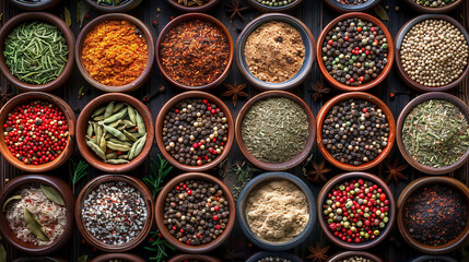 Various seasonings in cups. Background of spices on the table, top view