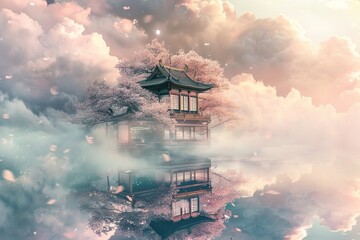 Obraz premium Serenity Amongst the Sakura: Ethereal Teahouse in the Clouds