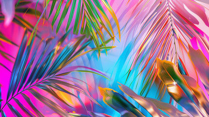Tropical and palm leaves in vibrant bold gradient holographic colors. Concept art. Minimal surrealism background. Neon colors - obrazy, fototapety, plakaty