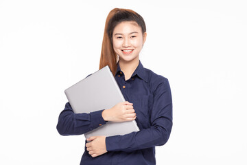 Confident young Asian woman with a high ponytail, holding a laptop against a white background