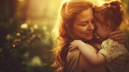 Mother and little daughter hugging - obrazy, fototapety, plakaty