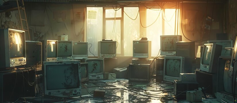 Many outdated computer monitors abandoned as a pile of garbage. Environmental problems that come from electronic waste