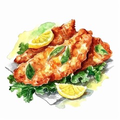 Watercolor illustration of crispy battered fish fillets with fresh lemon slices and basil on a bed of greens, perfect for culinary concepts and seafood restaurant menus