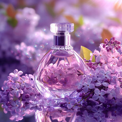 Obraz na płótnie Canvas round glass perfume bottle in the middle, on the sides there is a vignette with lilac branches, syringa flower with petals, for advertising banner