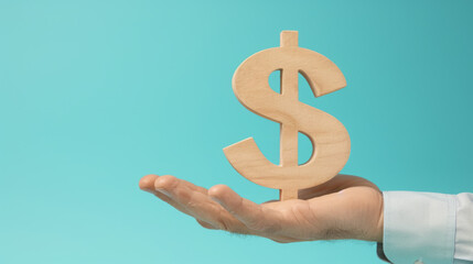 hand is shown placing a wooden dollar sign on a stand against a plain turquoise background