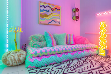 Design Interior of Living Room in Memphis Style (Very Colorful, Knitted Decor, Neon style) 